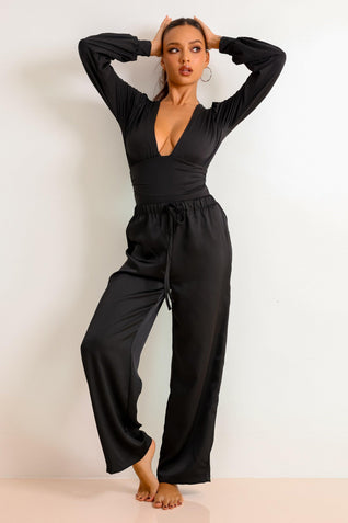 Love & Desire Signature Satin Pants Set - Black