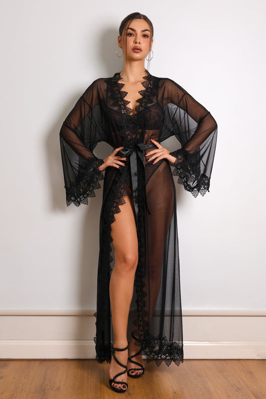 Noir Muse Sheer Lace Robe