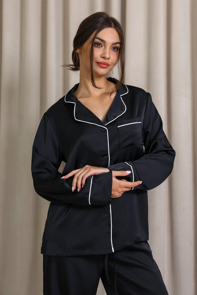 Nyla Satin Long Pajama Set - Black