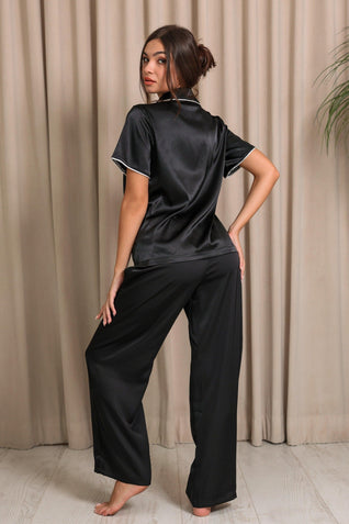 Nyla Short Satin Pajama Set with Pants - Black