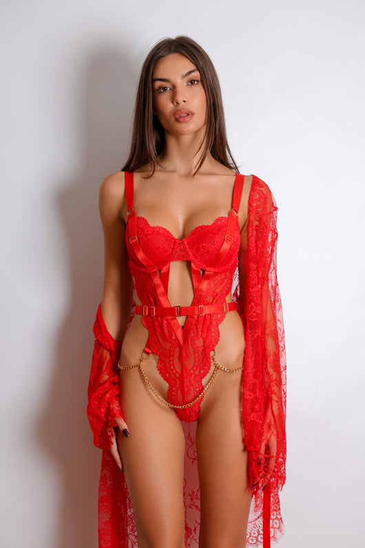 Regina Signature Lace Robe Set - Red