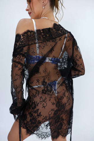 Rhea Signature Lace Robe Set - Black