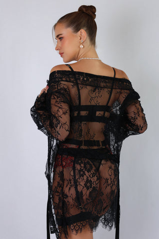 Sidonie Black & Red Signature Lace Robe Set - Black