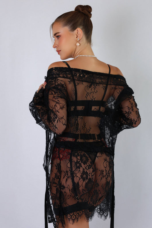 Sidonie Black & Red Signature Lace Robe Set - Black