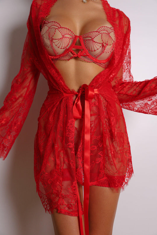 Valentina Signature Lace Robe Set - Red