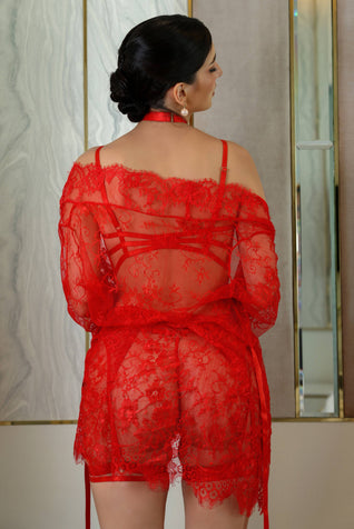 Valora Lace Robe Red Set - Red